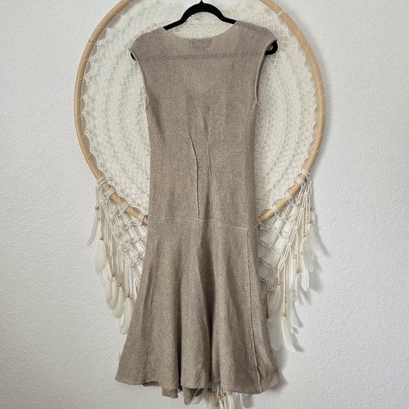 Zuza Bart 100% Linen Tan Midi Sweater Dress Asymmetrical Lagenlook Sheer Boho M - Picture 2 of 10